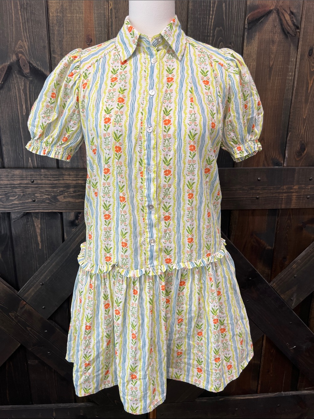 PINCH Floral Striped Puff Sleeve Boho Shirt Dress S Cottagecore Boho Chic Preppy